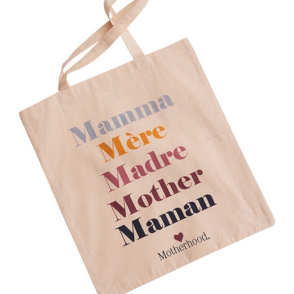 Motherhood Cream Tote Bag with Typographic Design